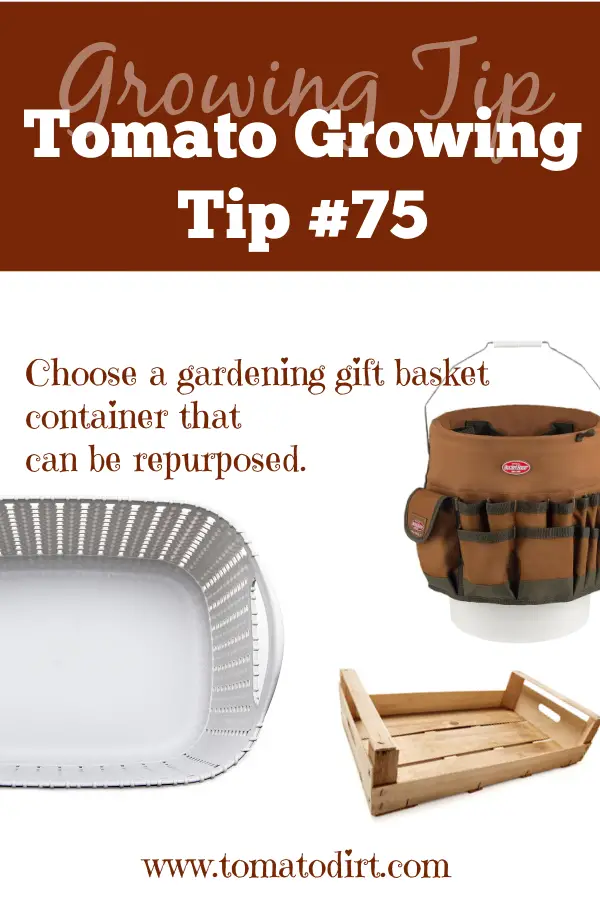 Tomato Growing Tip #75: choose a gardening gift basket container that can be repurposed with Tomato Dirt #HomeGardening #DIY #GiftBaskets