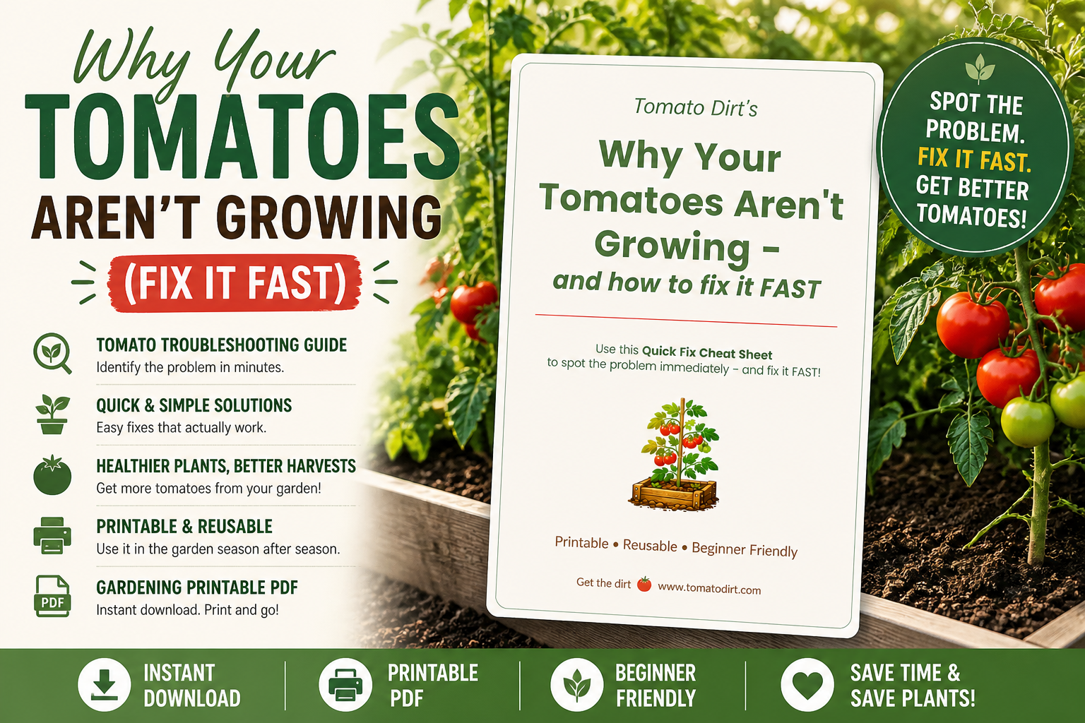 Why Your Tomatoes Aren't Growing Cheat Sheet with Tomato Dirt #HomeGarden #GardeningPrintables #Gardening Tips